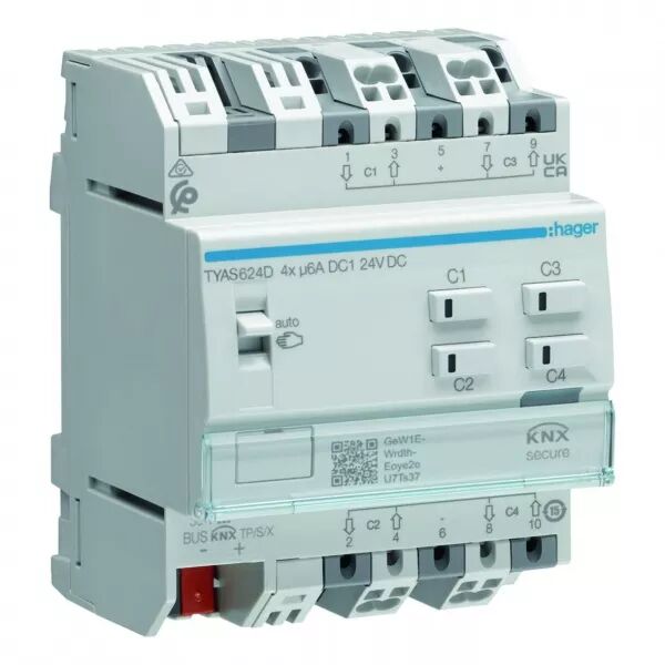 HAGER - Actionneur KNX Secure 4 sorties volets et stores � bannes pour moteur 6A/24VDC (TYAS624D)