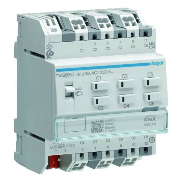 HAGER - Actionneur KNX Secure 6 sorties 16A/230V charge capacitive config Mode Easy/ETS (TYAS606D)