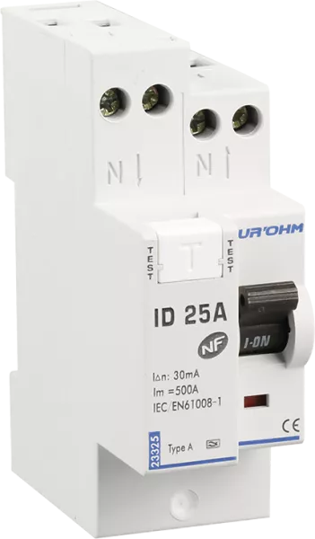 Interrupteur diff�rentiel  25A 1P+N 30mA connexion haut/haut Classe A (23325)