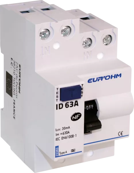 Interrupteur diff�rentiel 63A 1P+N 30mA connexion haut/haut Classe A (23363)