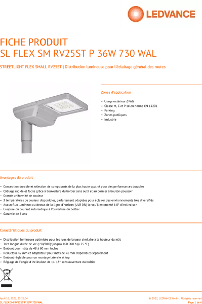 LEDVANCE - Lanterne Streetlight FLEX Small 36W/730 4950lm RV25ST Grise RAL9006 (4058075552302)