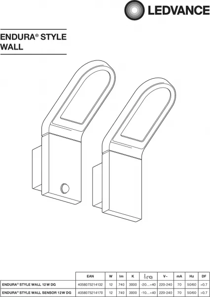 LEDVANCE - LDV ENDURA STYLE WALL S APPLIQUE 12W/3000K 740lm IP44 SENSOR GRIS LEDVANCE (4058075214170)