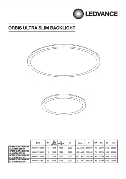 LEDVANCE - LDV ORBIS UltraSlim 400mm ClickDim 22W/3000K 1800lm Noir Plafionnier LEDVANCE (4058075752887)