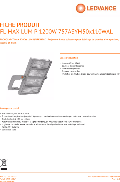 LEDVANCE - LDV Proj FL MAX LUM 1200W/5700K 164000lm 50�x110� IP66/IK08 Projecteur LEDVANCE (4058075580695)