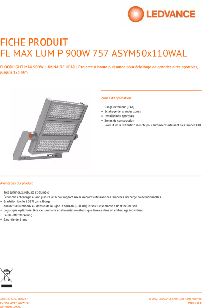 LEDVANCE - LDV Proj FL MAX LUM 900W/5700K 123000lm 50�x110� IP66/IK08 Projecteur LEDVANCE (4058075580657)