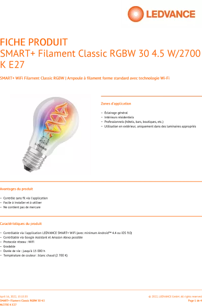 LEDVANCE - LDV Smart+ WiFi STANDARD FIL 30W E27 Boite 1 (4058075619012)