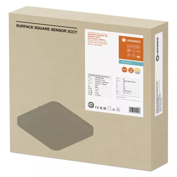 LEDVANCE - LDV Surface Square 330 24W/3CCT 2000lm Sensor IP44 Hublot carr� 827/840/865 LEDV (4099854042058)