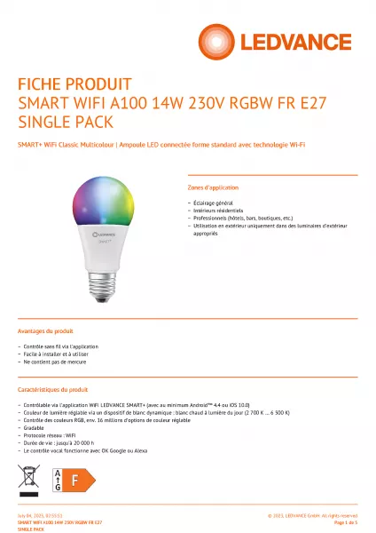 LEDVANCE - LEDVANCE Smart+ WF A100 E27 RGBW 1521lm (4058075778726)