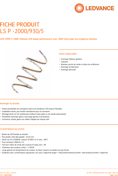 LEDVANCE - RUBAN LED PERFORMANCE 2000lm/m 3000K IRC90 Rouleau de 5 m�tres (4058075707733)