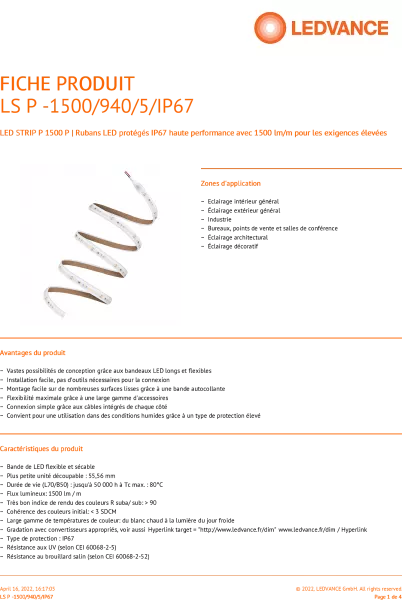 LEDVANCE - RUBAN LED PERFORMANCE PROTEGE 1500lm/m 4000K IRC90 Rouleau de 5 m�tres (4058075706033)