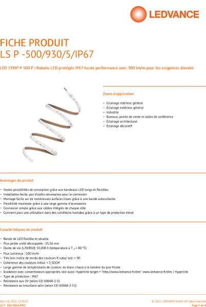 LEDVANCE - RUBAN LED PERFORMANCE PROTEGE 500lm/m 3000K IRC90 Rouleau de 5 m�tres (4058075705852)