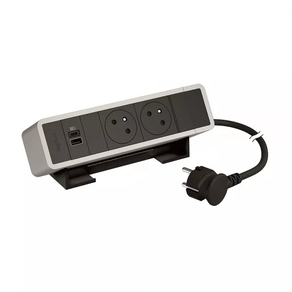legrand-bloc bureau 2x2p+t f/b + 2 usb a+c 15w cordon 2m fiche - alu-noir (655110ab)