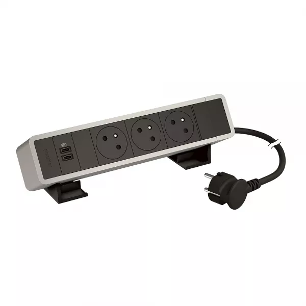 legrand-bloc bureau 3x2p+t f/b + 1 usb c+c 15w cordon 2m fiche - alu-noir (655113ab)