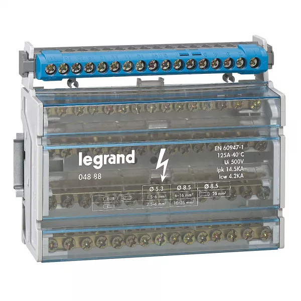legrand-bornier de r�partition isol� ip2x neutre - 1 connexion 6-25mm� -bleu -long.141mm (004845)