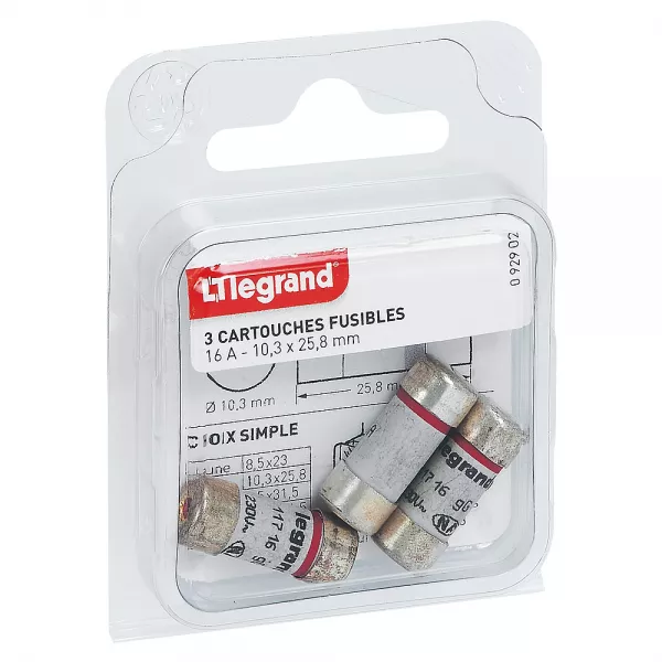 legrand-cartouches fusibles pour porte-fusibles - avec t�moin - 10,3x25,8mm - 16a (092902)