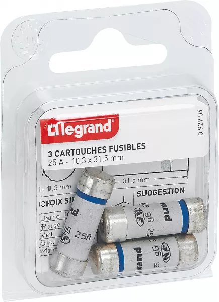 legrand-cartouches fusibles pour porte-fusibles - avec t�moin - 10,3x31,5mm - 25a (092904)