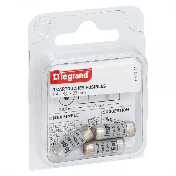legrand-cartouches fusibles pour porte-fusibles - avec t�moin - 8,5x23mm - 6a (092921)