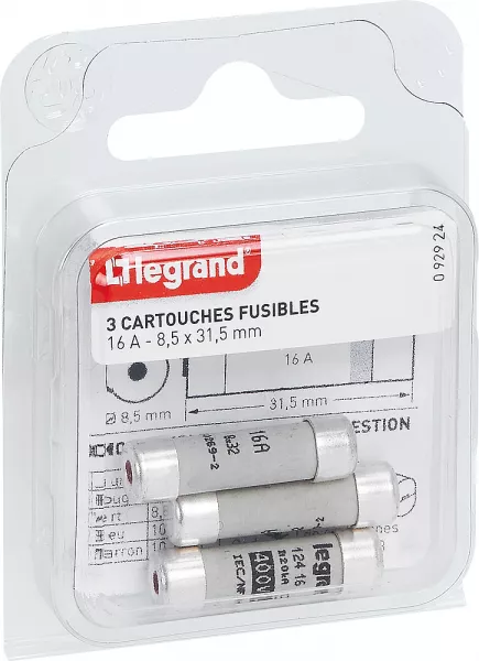 legrand-cartouches fusibles pour porte-fusibles - avec t�moin - 8,5x31,5mm - 16a (092924)