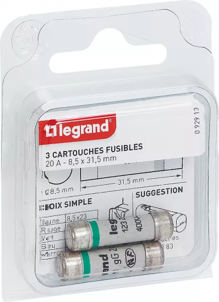 legrand-cartouches fusibles pour porte-fusibles - sans t�moin - 8,5x31,5mm - 20a (092913)