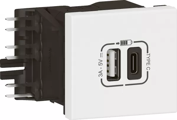 legrand-chargeur usb type-a + usb type-c 3a 15w mosaic link avec acc racc - 2 mod blanc (077581l)
