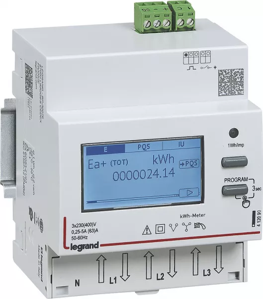 legrand-compteur triphas� emdx� mid raccordement direct 63a -4 modules sortie impulsions (412092)