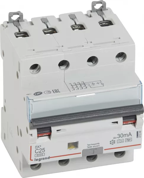legrand-disj. diff monobloc dx�6000 10ka arriv�e haut/d�part bas � vis 4p 25a typef 30ma (411246)