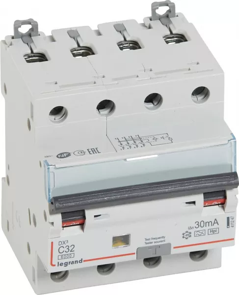 legrand-disj. diff monobloc dx�6000 10ka arriv�e haut/d�part bas � vis 4p 32a typef 30ma (411247)