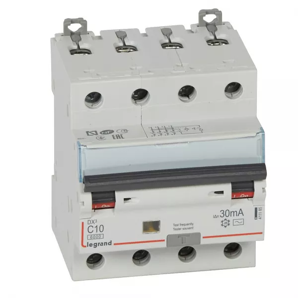 legrand-disj. diff monobloc dx�6000 10ka arriv�e haut/d�part bas vis 4p 10a typeac 30ma (411185)