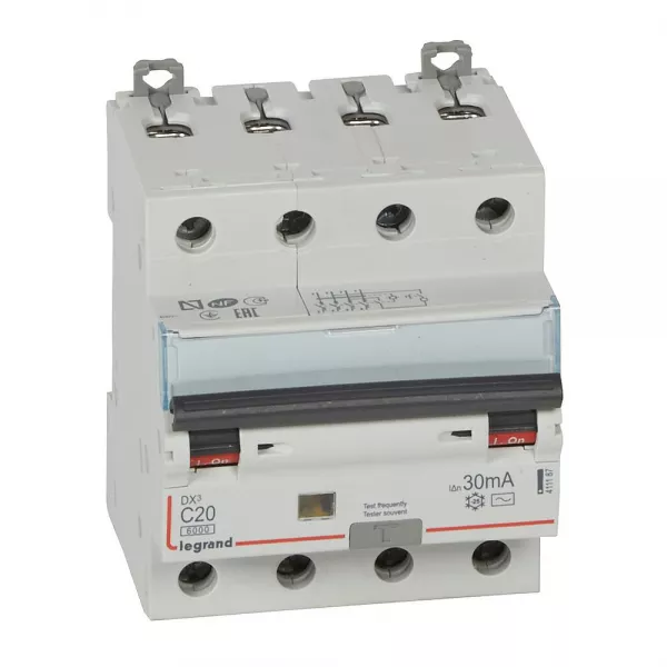 legrand-disj. diff monobloc dx�6000 10ka arriv�e haut/d�part bas vis 4p 20a typeac 30ma (411187)