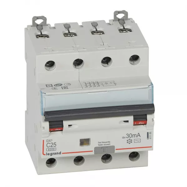legrand-disj. diff monobloc dx�6000 10ka arriv�e haut/d�part bas vis 4p 25a typeac 30ma (411188)