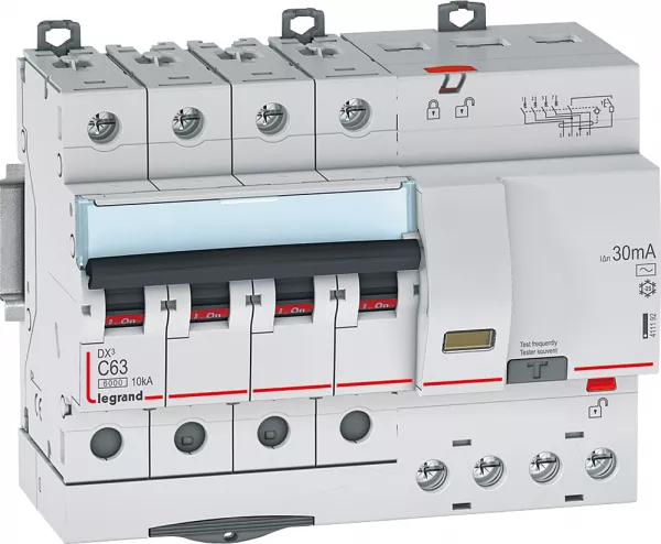 legrand-disj. diff monobloc dx�6000 10ka arriv�e haut/d�part bas vis 4p 63a typeac 30ma (411192)