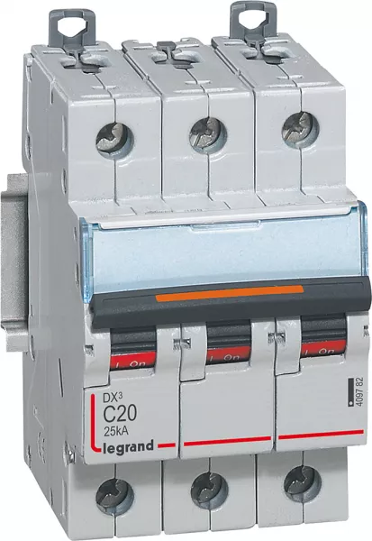 legrand-disj. dx� 25ka arriv�e haute, d�part bas � vis 3p 400v~ - 20a courbe c 3 modules (409782)