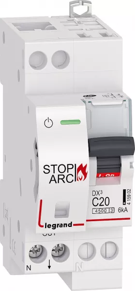 legrand-disj. dx� stop arc 4500 6ka arriv�e auto/sortie � vis 1p+n 20a courbe c -2 mod (415902)