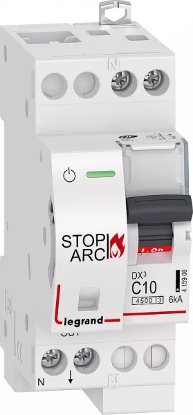 legrand-disj. dx� stop arc 4500 6ka arriv�e/sortie � vis 1p+n 230v~ 10a courbe c -2 mod (415906)