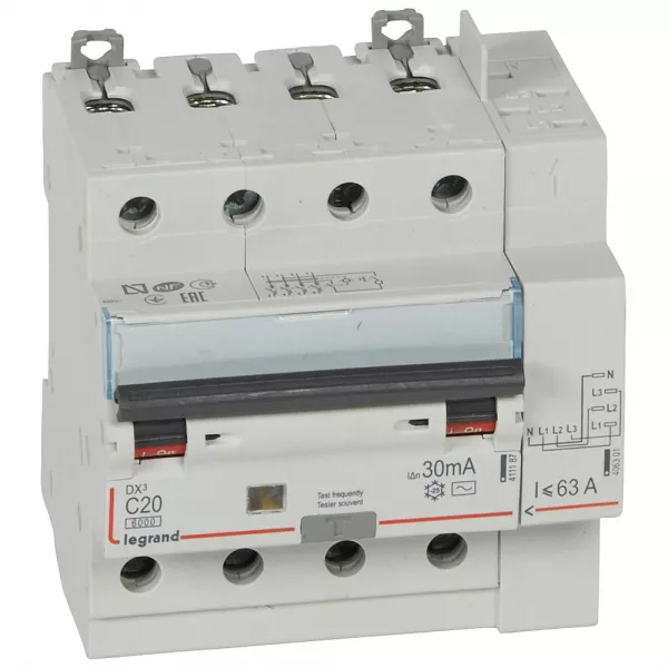 legrand-disjoncteur diff dx� 6000 -vis/auto-4p-400v~-20a-typeac-30ma-10ka-courbe c - 5m (411198)