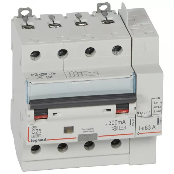 legrand-disjoncteur diff dx� 6000 -vis/auto-4p-400v~-25a-typeac-300ma-10ka-courbe c - 5m (411218)