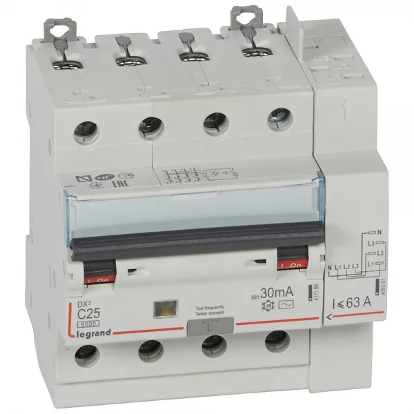 legrand-disjoncteur diff dx� 6000 -vis/auto-4p-400v~-25a-typeac-30ma-10ka-courbe c - 5m (411199)