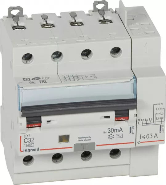 legrand-disjoncteur diff dx� 6000 -vis/auto-4p-400v~-32a-typeac-30ma-10ka-courbe c - 5m (411200)