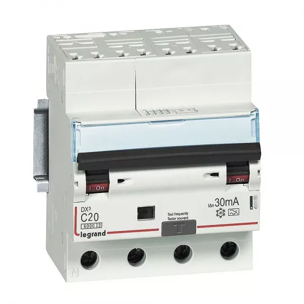 legrand-disjoncteur diff dx� 6000-auto/vis- 4p 400v~ -20a - type a 30ma -courbe c -4 mod (411212)