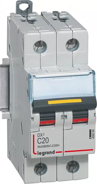 legrand-disjoncteur dx� 16ka - vis/vis - courant continu - 20a - courbe c - 2 modules (409569)