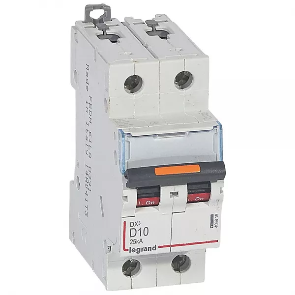 legrand-disjoncteur dx� 25ka arriv�e haute/d�part bas vis 2p 10a -courbe d - 2 mod (409819)