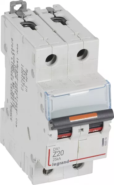 legrand-disjoncteur dx� 25ka arriv�e haute/d�part bas vis 2p 20a - courbe z - 2 mod (409914)