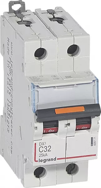 legrand-disjoncteur dx� 25ka arriv�e haute/d�part bas vis 2p 32a -courbe c - 2 mod (409771)