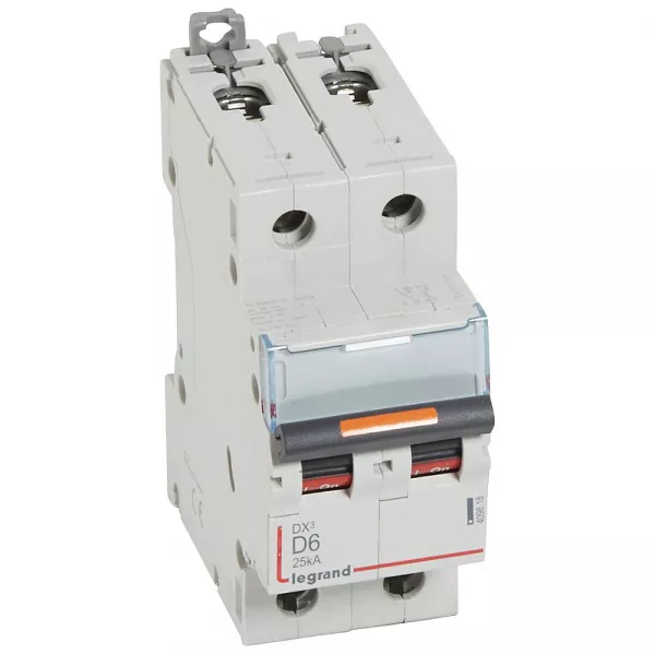 legrand-disjoncteur dx� 25ka arriv�e haute/d�part bas vis 2p 6a -courbe d - 2 mod (409818)