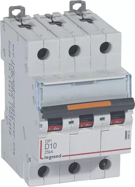 legrand-disjoncteur dx� 25ka arriv�e haute/d�part bas vis 3p 10a -courbe d - 3 mod (409832)
