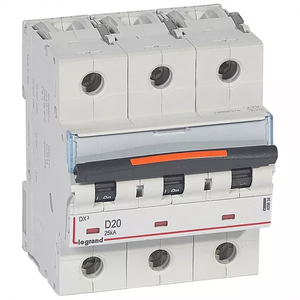 legrand-disjoncteur dx� 25ka arriv�e haute/d�part bas vis 3p 20a -courbe d - 4,5 mod (409834)