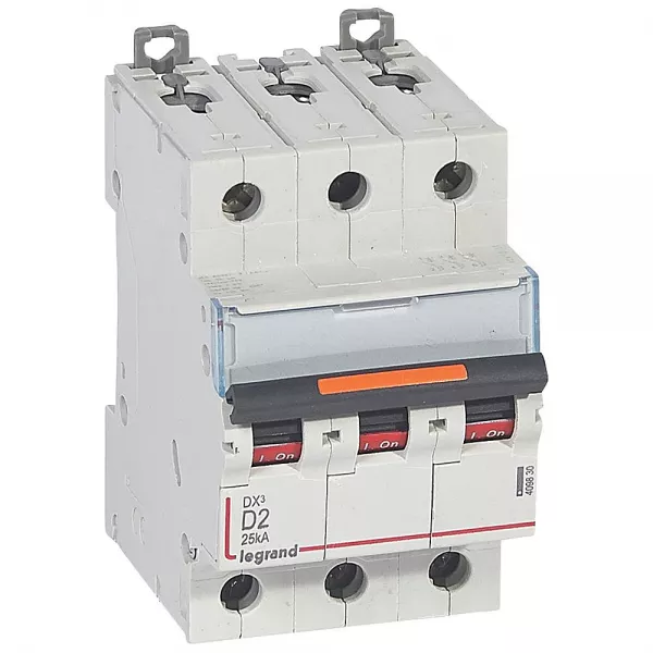 legrand-disjoncteur dx� 25ka arriv�e haute/d�part bas vis 3p 2a -courbe d - 3 mod (409830)