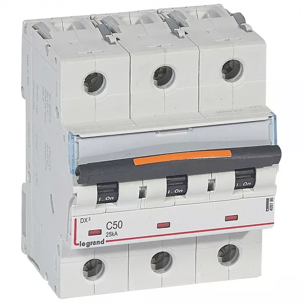 legrand-disjoncteur dx� 25ka arriv�e haute/d�part bas vis 3p 50a -courbe c - 3,5 mod (409786)