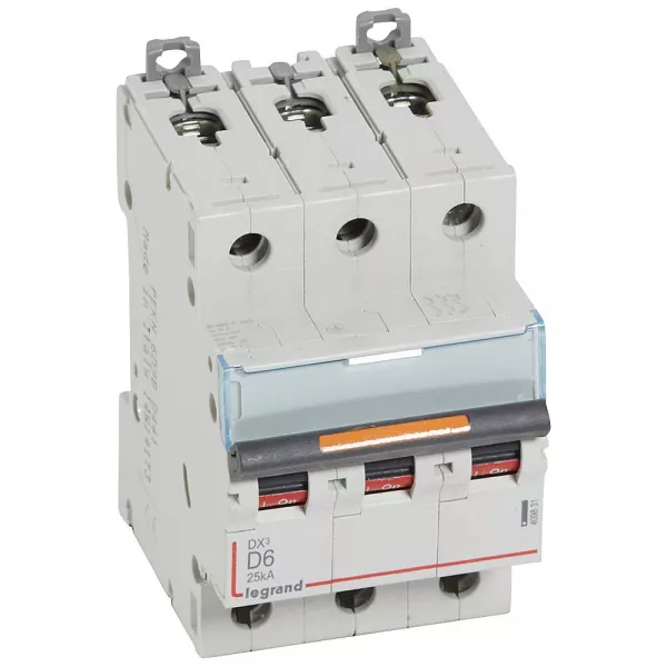 legrand-disjoncteur dx� 25ka arriv�e haute/d�part bas vis 3p 6a -courbe d - 3 mod (409831)