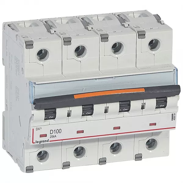 legrand-disjoncteur dx� 25ka arriv�e haute/d�part bas vis 4p 100a -courbe d - 6 mod (409854)